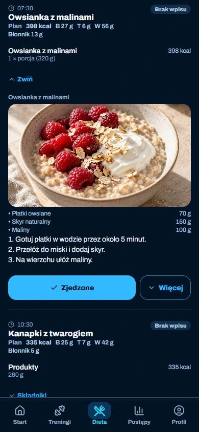 FitBaseGO: jadłospis klienta na danych demonstracyjnych