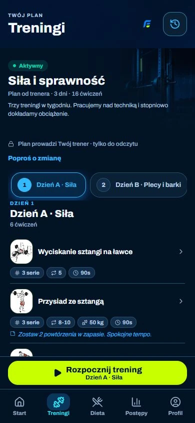 Plan treningowy w FitBaseGO, dane demonstracyjne